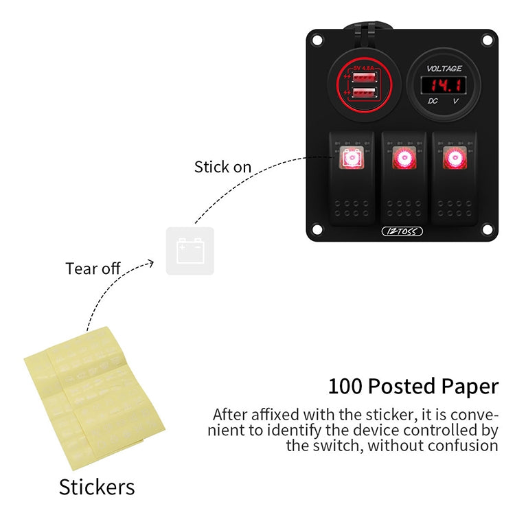 Multi-functional Combination Switch Panel 12V / 24V 3 Way Switches + Dual USB Charger for Car RV Marine Boat