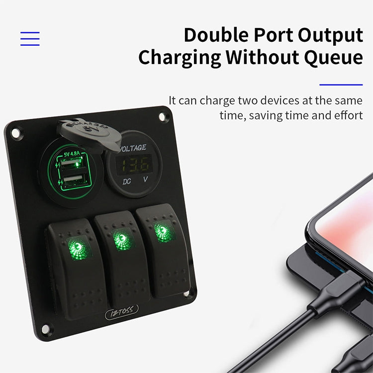 Multi-functional Combination Switch Panel 12V / 24V 3 Way Switches + Dual USB Charger for Car RV Marine Boat