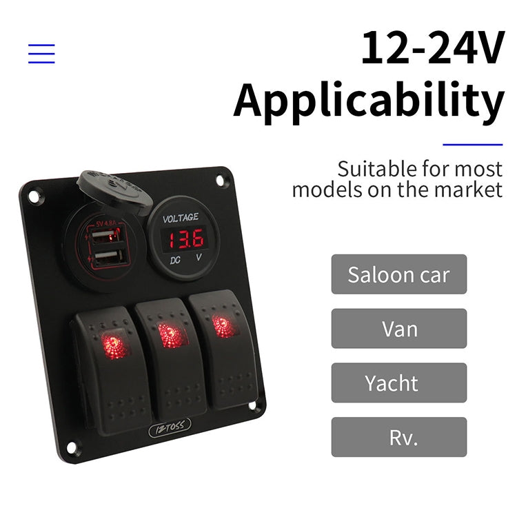Multi-functional Combination Switch Panel 12V / 24V 3 Way Switches + Dual USB Charger for Car RV Marine Boat