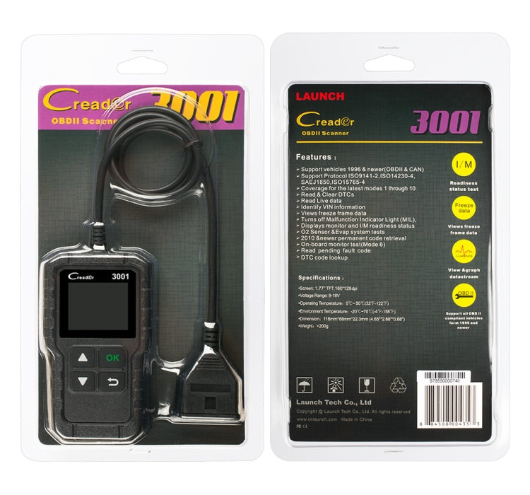 Car Color Screen Code Reader OBD2 Fault Detector Diagnostic Tool, Launch Creader CR3001