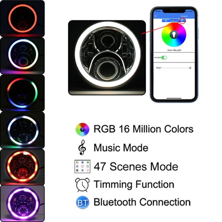 2 PCS 7 inch DC12V 6000K-6500K 50W Car LED Headlight Cree Lamp Beads for Jeep Wrangler / Harley, Support APP + Bluetooth Control