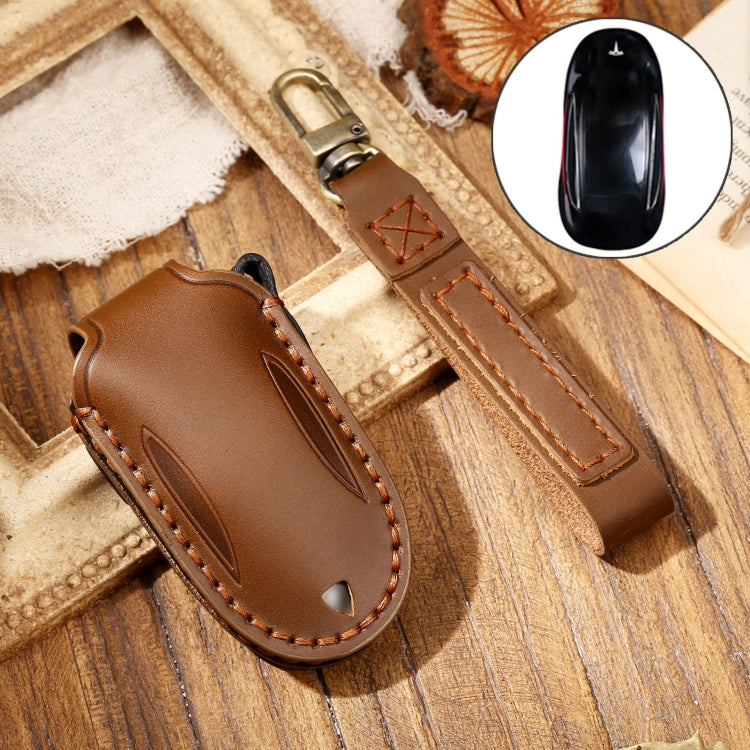 Hallmo Car Cowhide Leather Key Protective Cover Key Case for Tesla Model 3 / S A Style