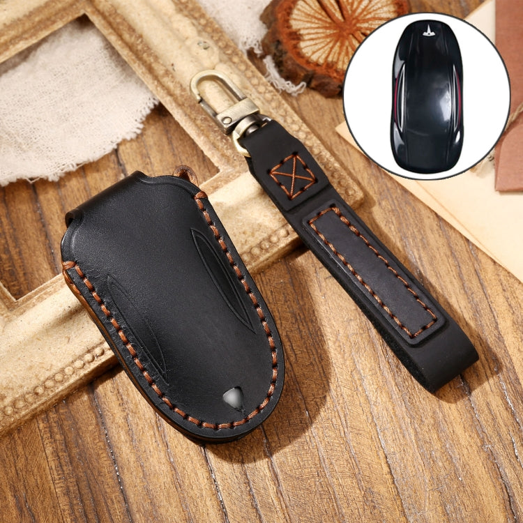 Hallmo Car Cowhide Leather Key Protective Cover Key Case for Tesla Model X B Style — Blue