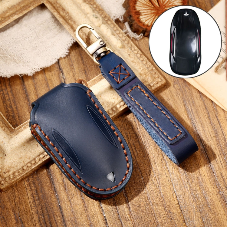 Hallmo Car Cowhide Leather Key Protective Cover Key Case for Tesla Model X B Style — Brown