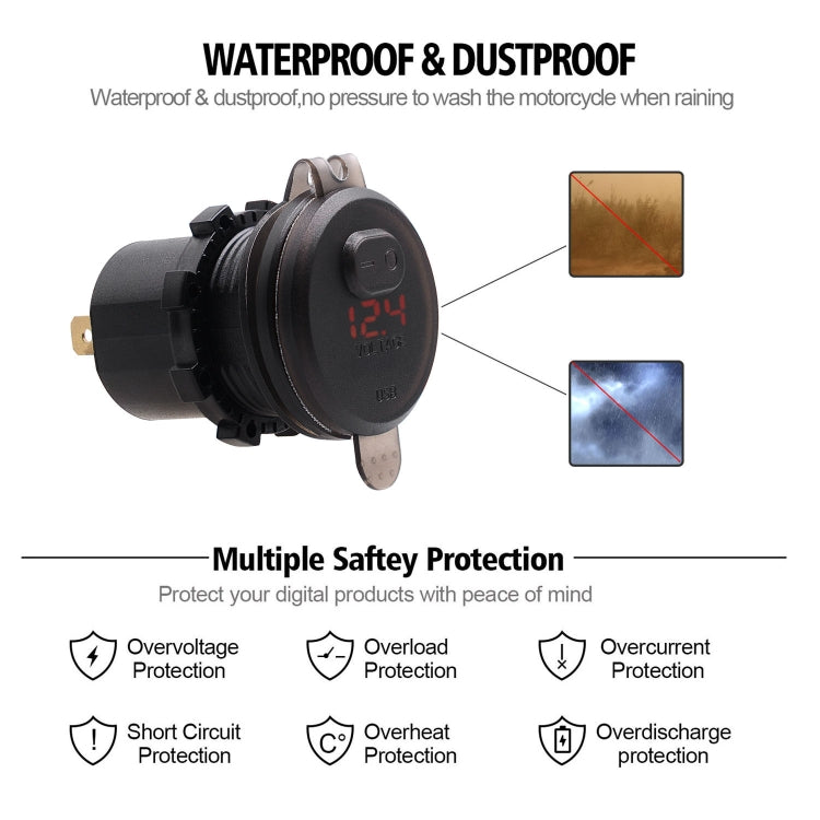 Universal Car Single Port USB Charger Power Outlet Adapter 2.4A 5V IP66 with LED Digital Voltmeter + Switch + 60cm Cable