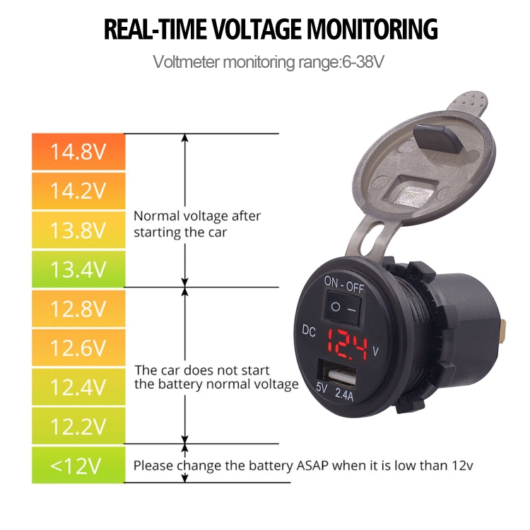 Universal Car Single Port USB Charger Power Outlet Adapter 2.4A 5V IP66 with LED Digital Voltmeter + Switch + 60cm Cable