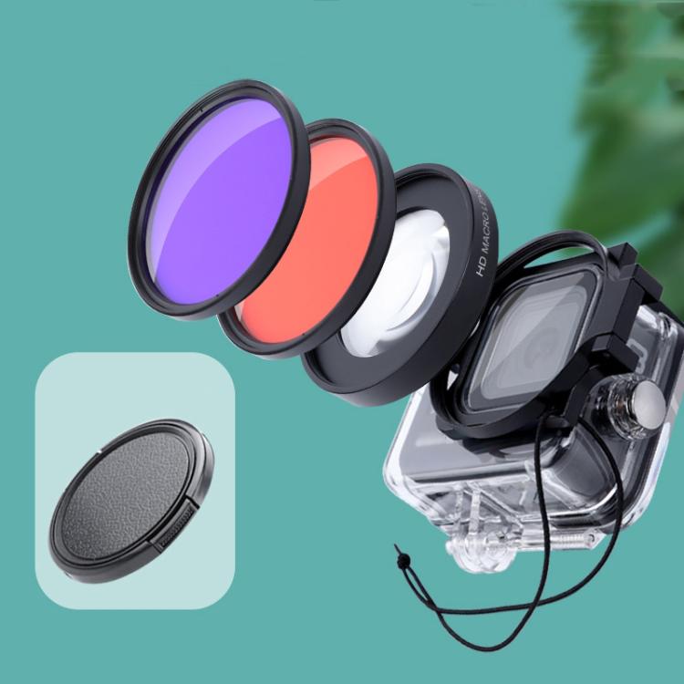RUIGPRO for GoPro HERO8 58mm 16X Macro Lens + Red/Purple Diving Lens Filter + Dive Housing Waterproof Case Kits with Filter Adapter Ring & Lens Cap