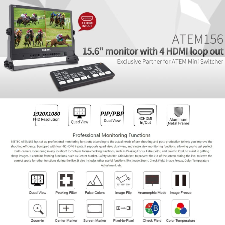 SEETEC ATEM156 1920x1080 15.6 inch IPS Screen HDMI 4K HD Live Broadcast Camera Field Monitor, Support Four Screen Split