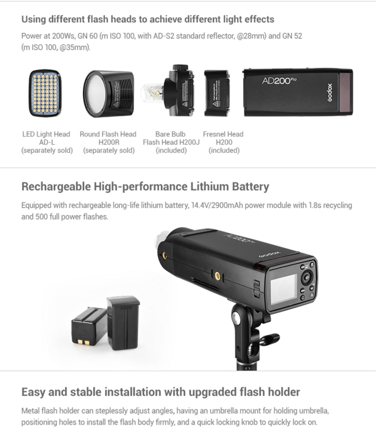Godox AD200 Pro Pocket Flash Light TTL HSS 2.4G Wireless X System Outdoor Flash Speedlight