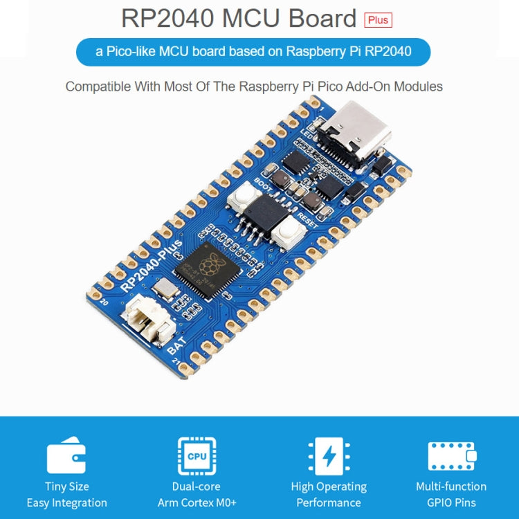 Waveshare RP2040-Plus Pico-like MCU Board Based on Raspberry Pi MCU RP2040, without Pinheader — RP2040-Plus without Pinheader