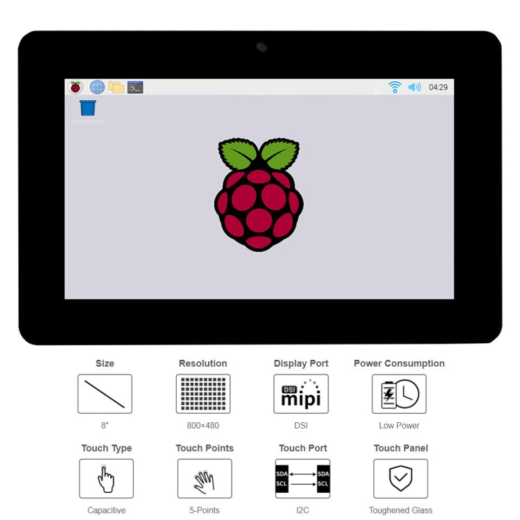 WAVESHARE 8 inch 800 x 480 Capacitive Touch Display for Raspberry Pi, DSI Interface — 8 inch