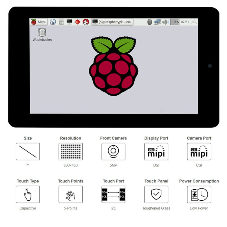 WAVESHARE 7 inch 800 x 480 Capacitive Touch Display with Front Camera for Raspberry Pi — view 2