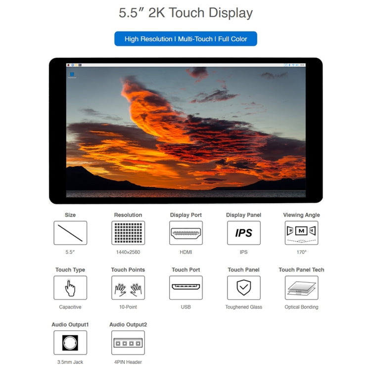 Waveshare 5.5 inch 1440 x 2560 2K Capacitive Touch LCD Display IPS Screen for Raspberry Pi, HDMI Interface