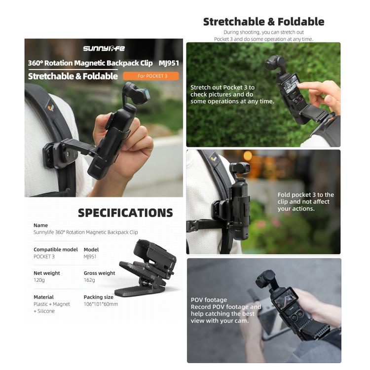 Sunnylife Stretchable Backpack Clip Rotatable Magnetic Mount Action Camera Holder Vlog Mount, For DJI Osmo Pocket 3