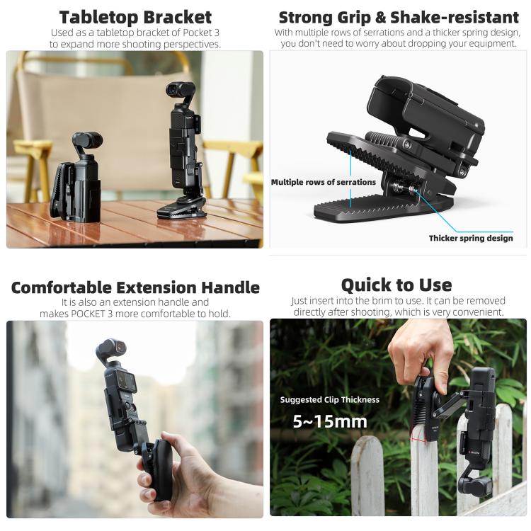 Sunnylife Stretchable Backpack Clip Rotatable Magnetic Mount Action Camera Holder Vlog Mount, For DJI Osmo Pocket 3