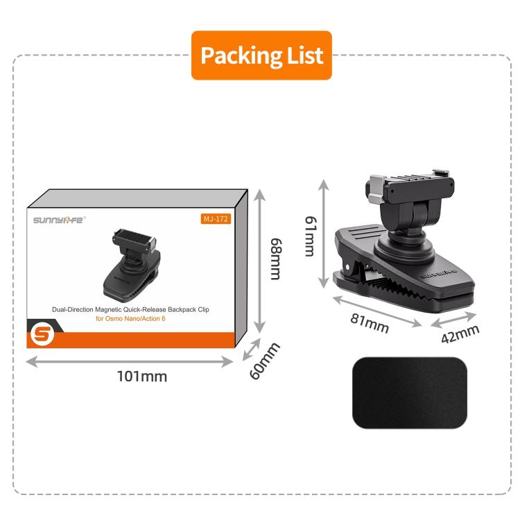 Sunnylife Magnetic Quick-Release Backpack Clip Adjustable Action Camera Clamp Vertical-Horizontal Mount for DJI Osmo Nano / Action 6