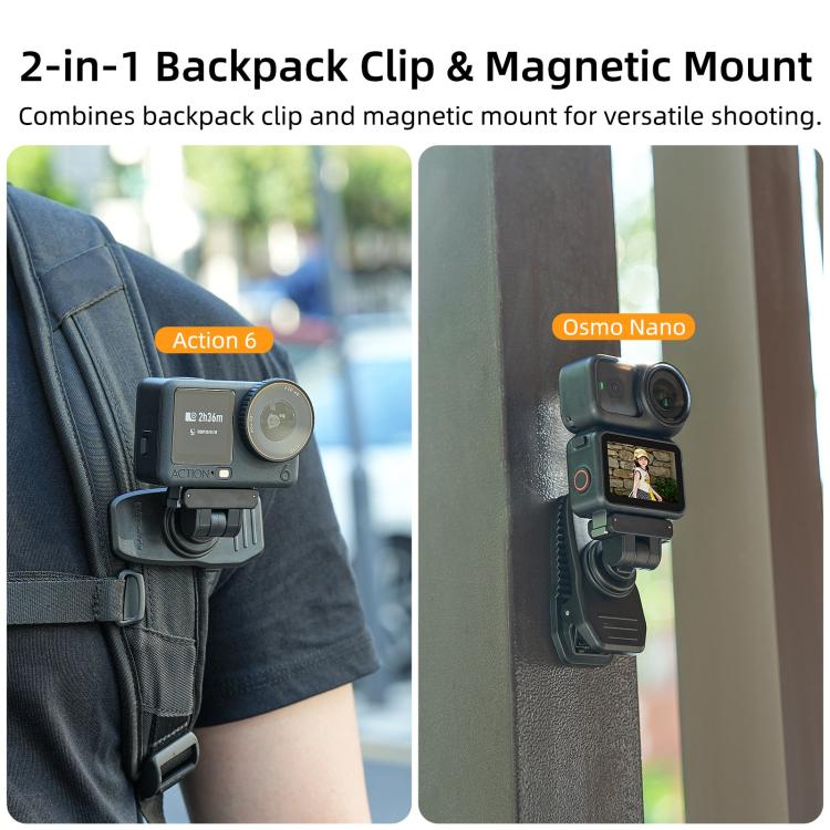 Sunnylife Magnetic Quick-Release Backpack Clip Adjustable Action Camera Clamp Vertical-Horizontal Mount for DJI Osmo Nano / Action 6