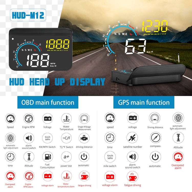 M12 OBD2 + GPS Mode Car Head-up Display HUD Overspeed / Speed / Water Temperature / Low Voltage / Fault Alarm