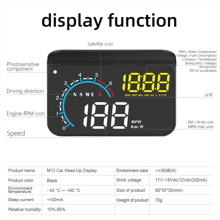 M12 OBD2 + GPS Mode Car Head-up Display HUD Overspeed / Speed / Water Temperature / Low Voltage / Fault Alarm