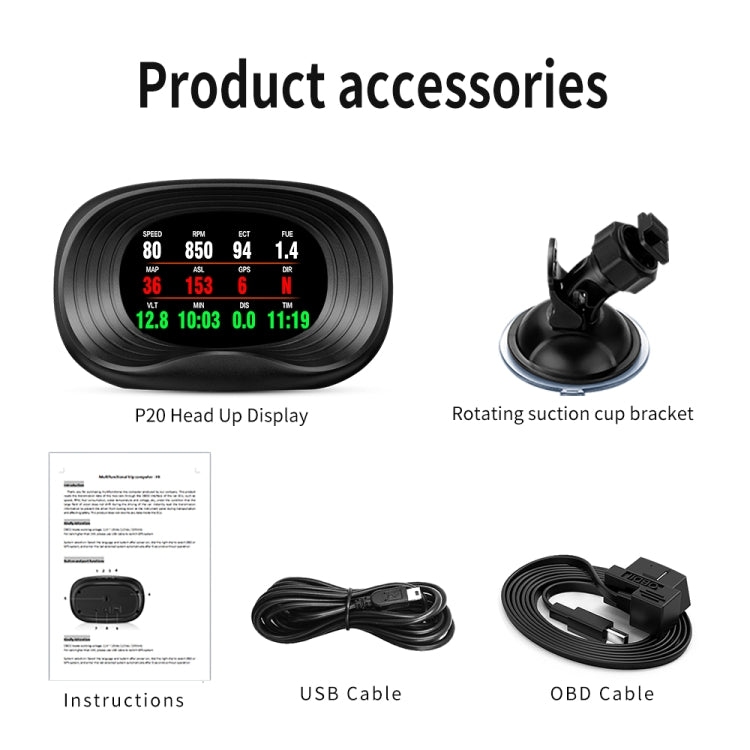 P20 OBD2 + GPS Mode Car Head-up Display HUD Overspeed / Speed / Water Temperature Alarm