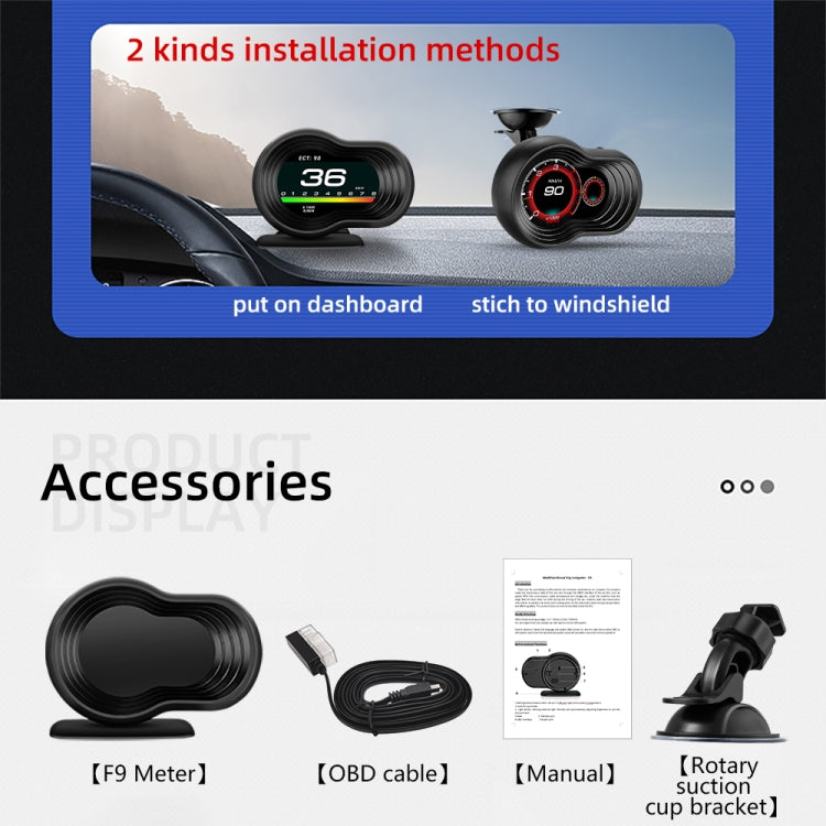 Car HUD Head-up Display Speed / Water Temperature / Voltage Display, F9 OBD2