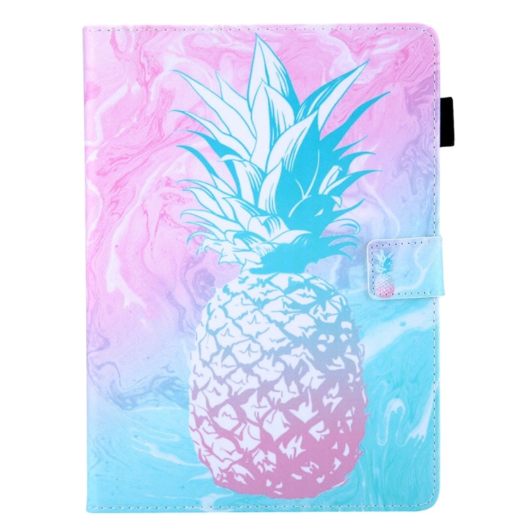 For iPad 10.2 inch Coloured Drawing Pattern Horizontal Flip Leather Case with Holder & Card Slots & Photo Frame — Blue Pink Pineapple