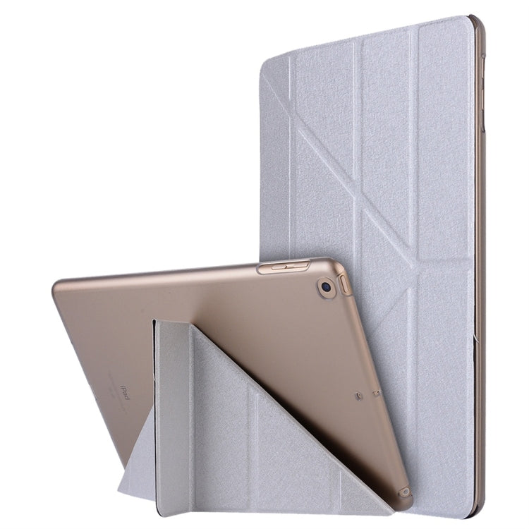 For iPad 10.2 inch Silk Texture Horizontal Deformation Flip Leather Case with Holder — Gold