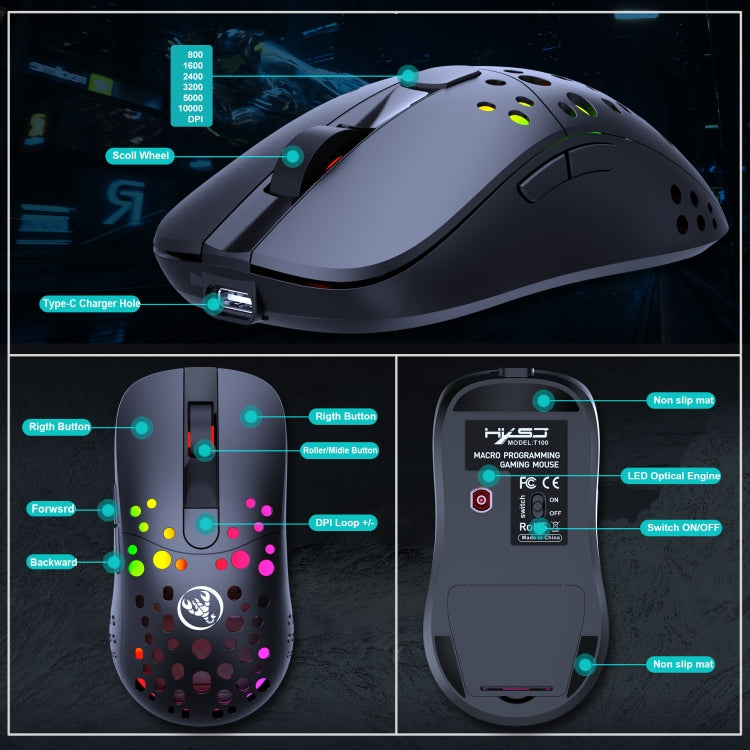 HXSJ T100 10000 DPI RGB Macro Definition Wired Wireless Dual-mode Mouse
