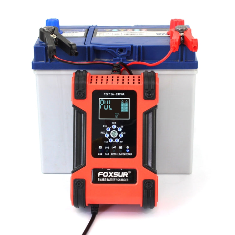 FOXSUR 12A / 12V / 24V Car / Motorcycle 7-stage Lead-acid Battery AGM Charger, 12A, US Plug, 12A, EU Plug, 12A, JP Plug, 12A, UK Plug
