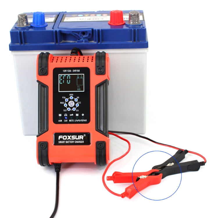 FOXSUR 12A / 12V / 24V Car / Motorcycle 7-stage Lead-acid Battery AGM Charger, 12A, US Plug, 12A, EU Plug, 12A, JP Plug, 12A, UK Plug