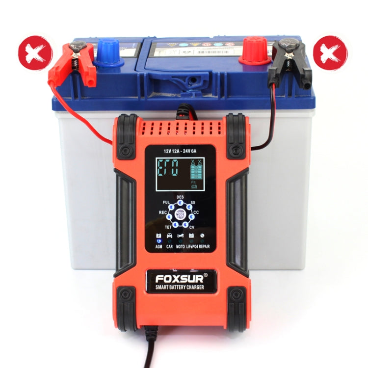 FOXSUR 12A / 12V / 24V Car / Motorcycle 7-stage Lead-acid Battery AGM Charger, 12A, US Plug, 12A, EU Plug, 12A, JP Plug, 12A, UK Plug