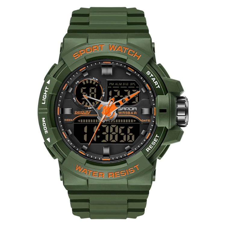 SANDA 6025 Dual Time Digital Display Luminous Calendar Waterproof Multifunctional Men Sports Quartz Watch — Black Green