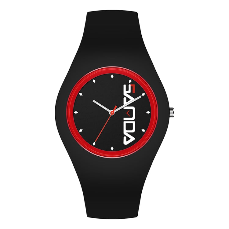 SANDA 6076 Simple Scale Round Dial Ladies Silicone Strap Quartz Watch — Black Red Horizontal Mark