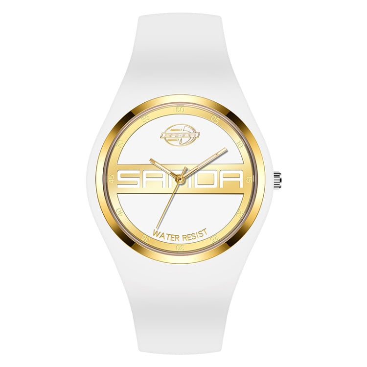 SANDA 6077 Simple Icon Round Dial Ladies Silicone Strap Quartz Watch — White Gold Single Mark
