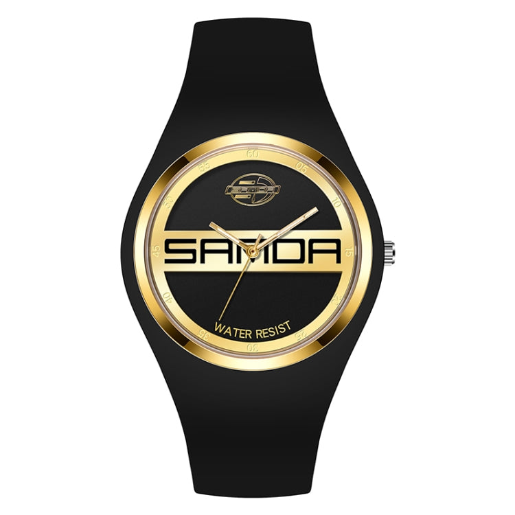 SANDA 6077 Simple Icon Round Dial Ladies Silicone Strap Quartz Watch — Black Gold Single Mark