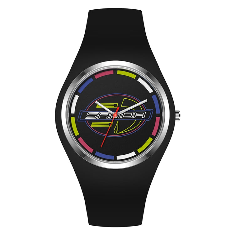 SANDA 6077 Simple Icon Round Dial Ladies Silicone Strap Quartz Watch — Black Gold Dual Mark