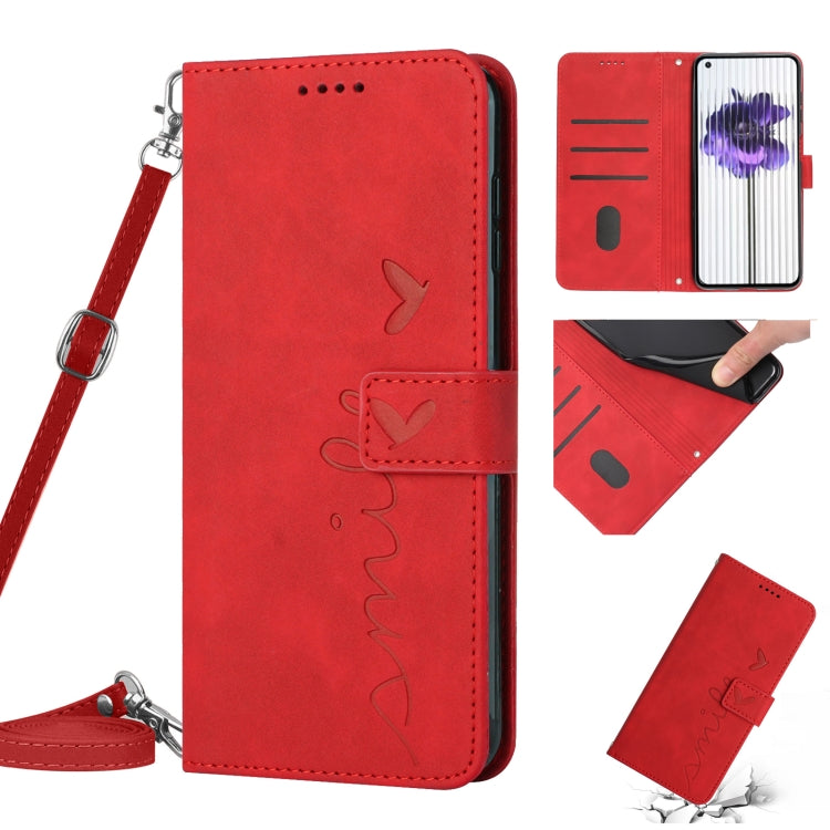 Skin Feel Heart Pattern Leather Phone Case with Lanyard