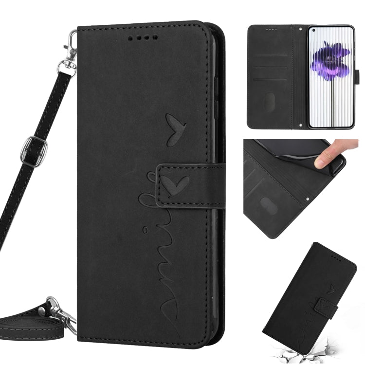 Skin Feel Heart Pattern Leather Phone Case with Lanyard
