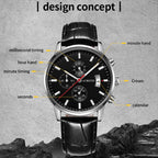 Multifunctional Quartz Waterproof Luminous Men Leather Watch — Silver+Black