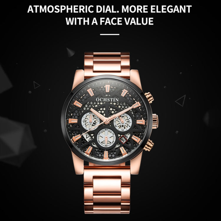 Multifunctional Quartz Waterproof Steel Strap Men Watch — Rose Gold+White