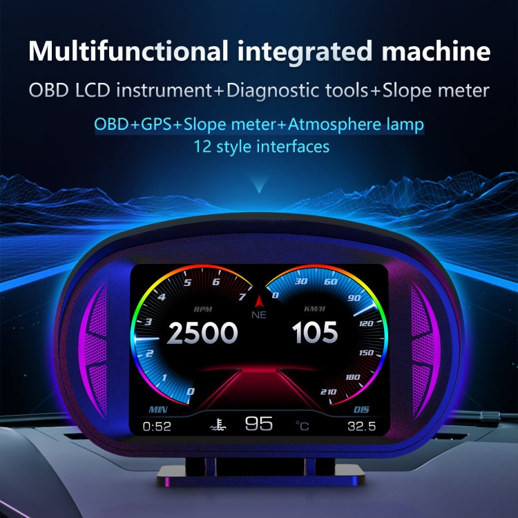 P2 3 inch Multi-function HD OBD LCD Instrument GPS Car Speed Slope Meter HUD Head-up Display