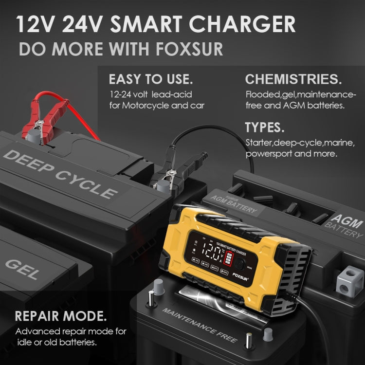 FOXSUR 12V / 24V / 10A Car / Motorcycle Battery Smart Repair Lead-acid Battery Charger