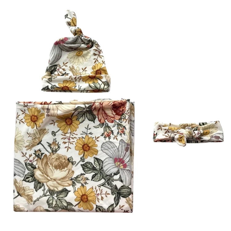 Newborn Baby Three-piece Swaddling Scarf Cap Headband — Flower-3