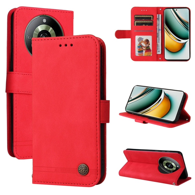 Skin Feel Life Tree Metal Button Leather Phone Case — Black