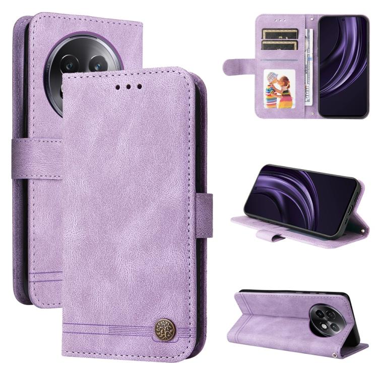 Skin Feel Life Tree Metal Button Leather Phone Case — Black