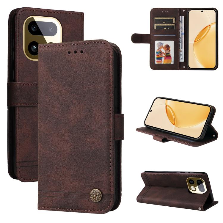 Skin Feel Life Tree Metal Button Leather Phone Case — Red
