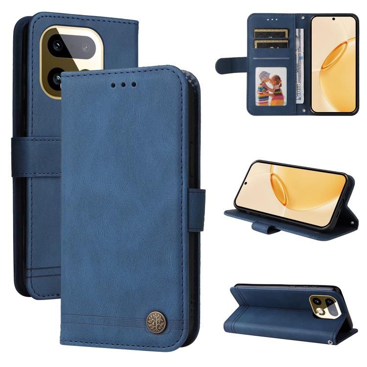 Skin Feel Life Tree Metal Button Leather Phone Case — Brown