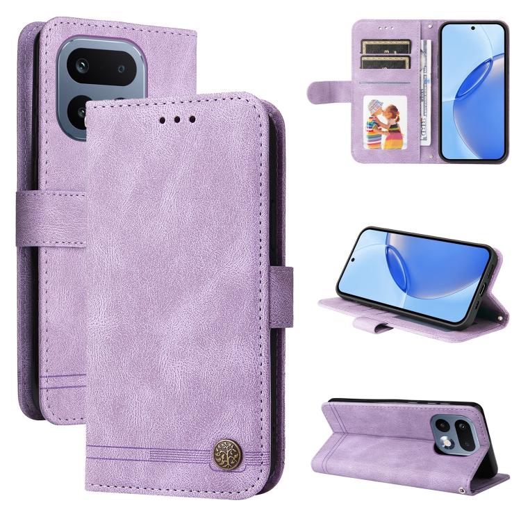 Skin Feel Life Tree Metal Button Leather Phone Case — Blue