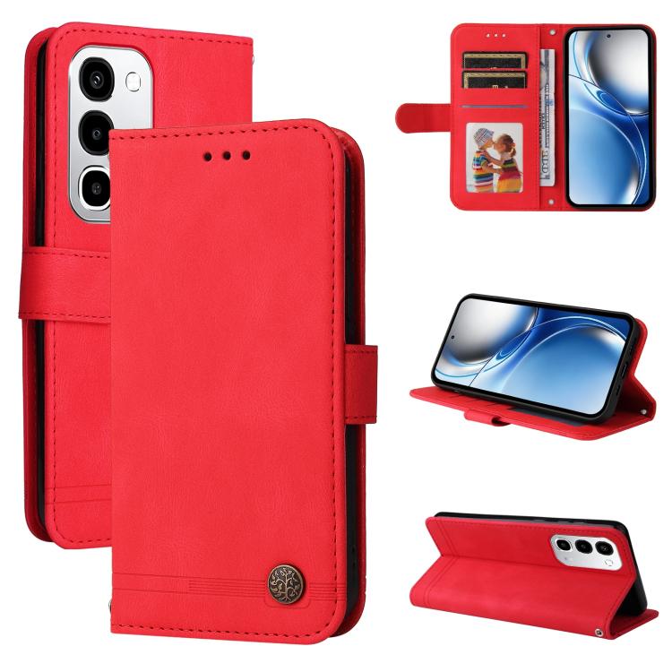 Skin Feel Life Tree Metal Button Leather Phone Case