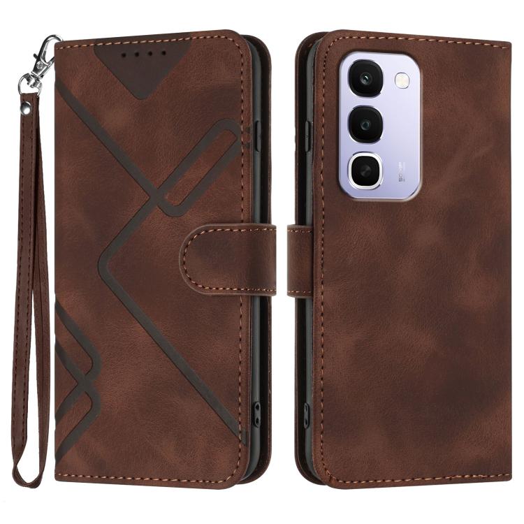 Line Pattern Skin Feel Leather Phone Case — Coffee